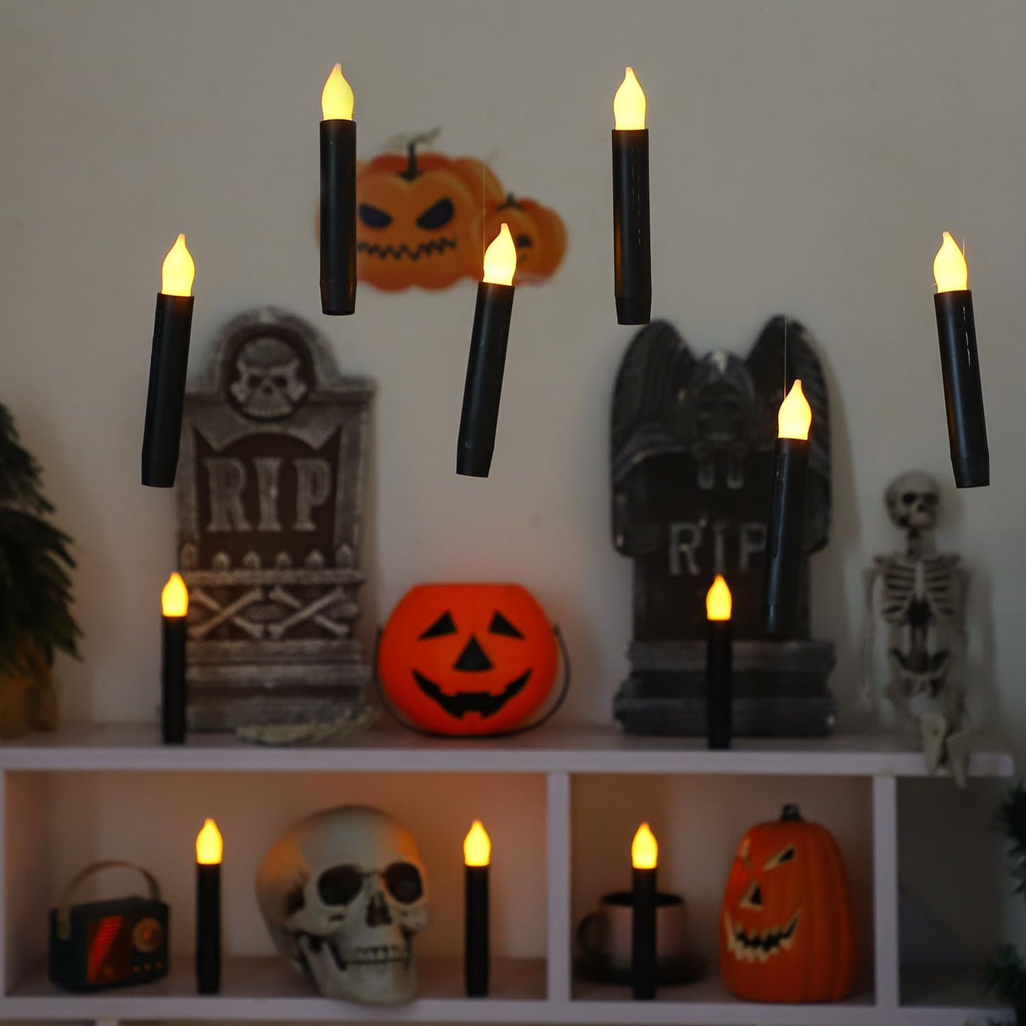 Lezonic 12Pcs Floating Candles with Wand and Remote, Magic Black Flameless Candles Battery Operated, Flikering Hanging LED Taper Candlesticks Halloween Decorations, 0.8" x 6"