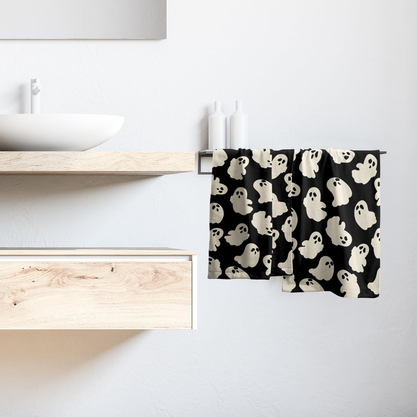 Granbey Halloween Ghost Hand Towels Pack of 2 White Spooky Ghost Black Face Towel 28.3x14.4 Inch Happy Halloween Holiday Decorative Super Soft Kitchen Towels for Bathroom Home Hotel Gym