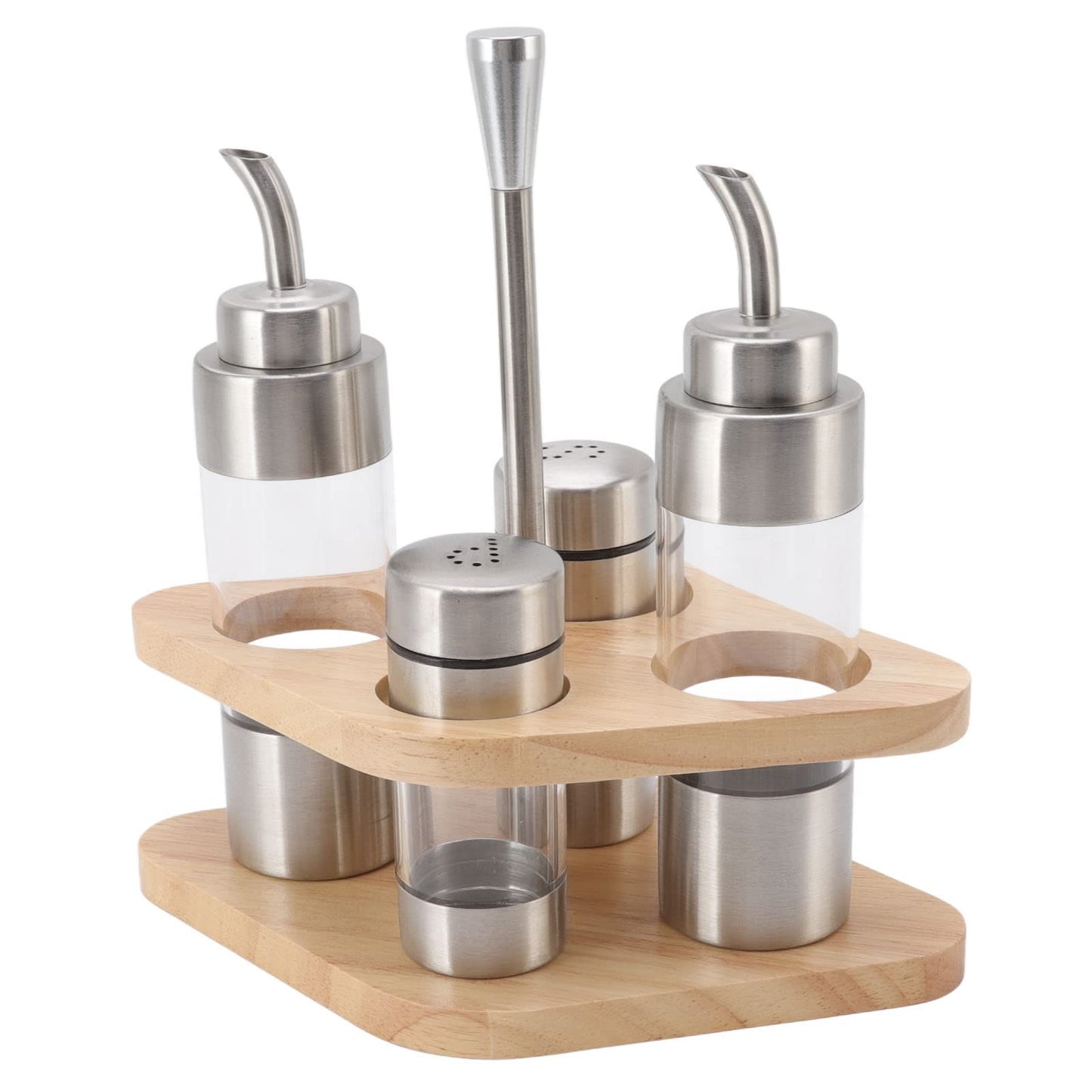 Cyrank Salt and Pepper Shakers, Olive Oil and Vinegar Dispenser Set with Wood Holder Glass Spice Dispenser for Home Kitchen Restaurant