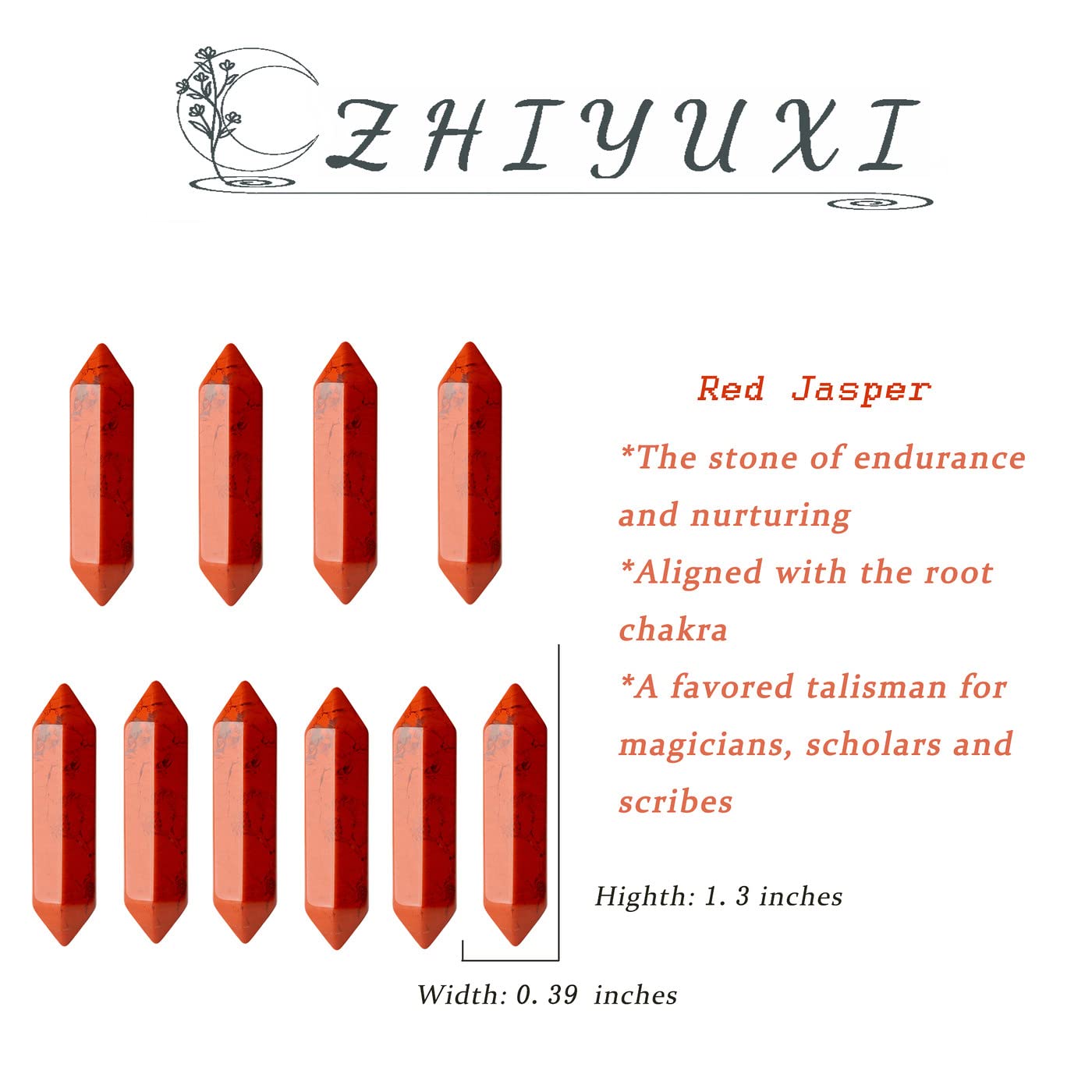 ZHIYUXI Red Jasper Crystals Jasper Stone Pointed Hexagonal Magic Crystal Wand Reiki Witchcraft Therapy Meditation Decor Accessories Gifts 10 PCS