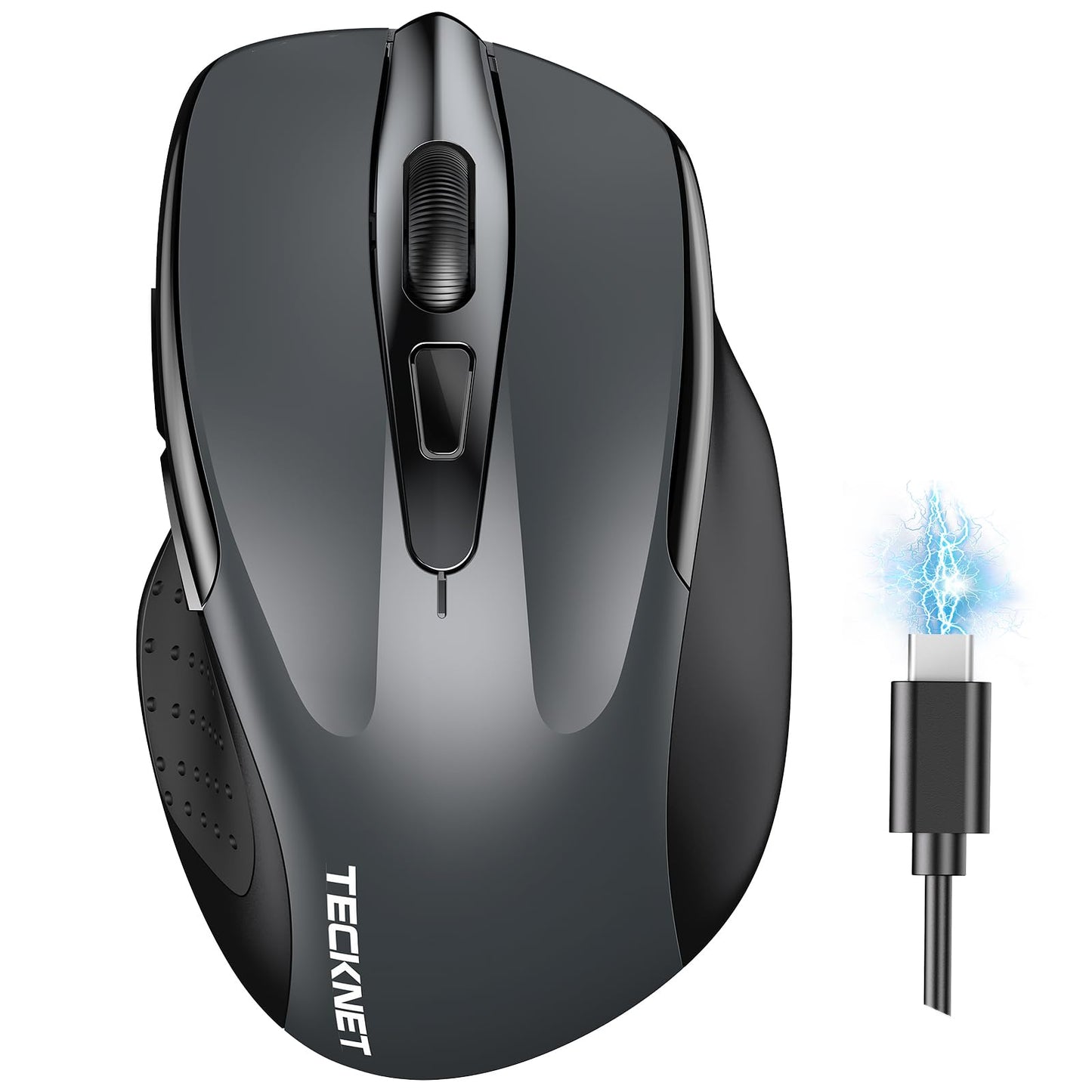 TECKNET Wireless Mouse (BT5.0/3.0 & 2.4G) Rechargeable 4800 DPI Silent USB A & Bluetooth Mouse 6 Buttons, Wide Compatibility - Grey