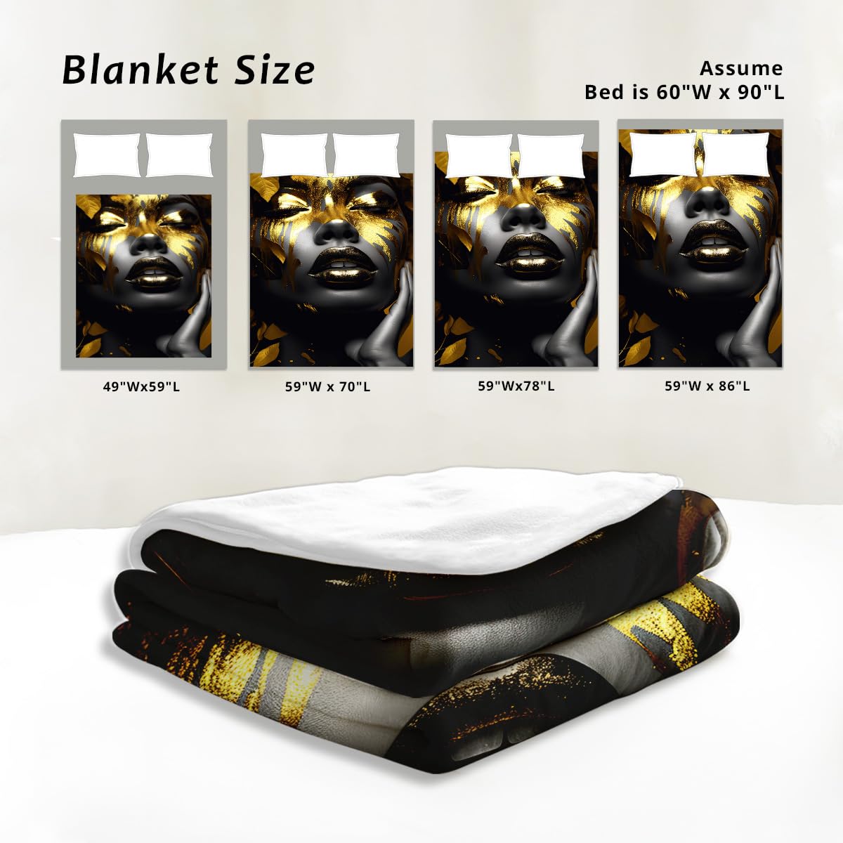 HUNXIAOJ African American Woman Blanket Throw Black Gold Print Flannel Blanket Gifts for Girls Female Women African American Couch Bed Living Room Home Decor 49"x59"