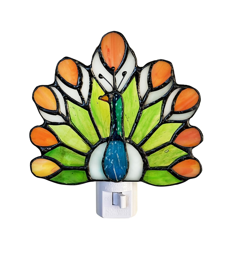 WKINGDIY Tiffany Stained Glass Peacock Night Light WKD1003 (Green、Orange) Tiffany Glass Night Light, Peacock Pattern, Stained