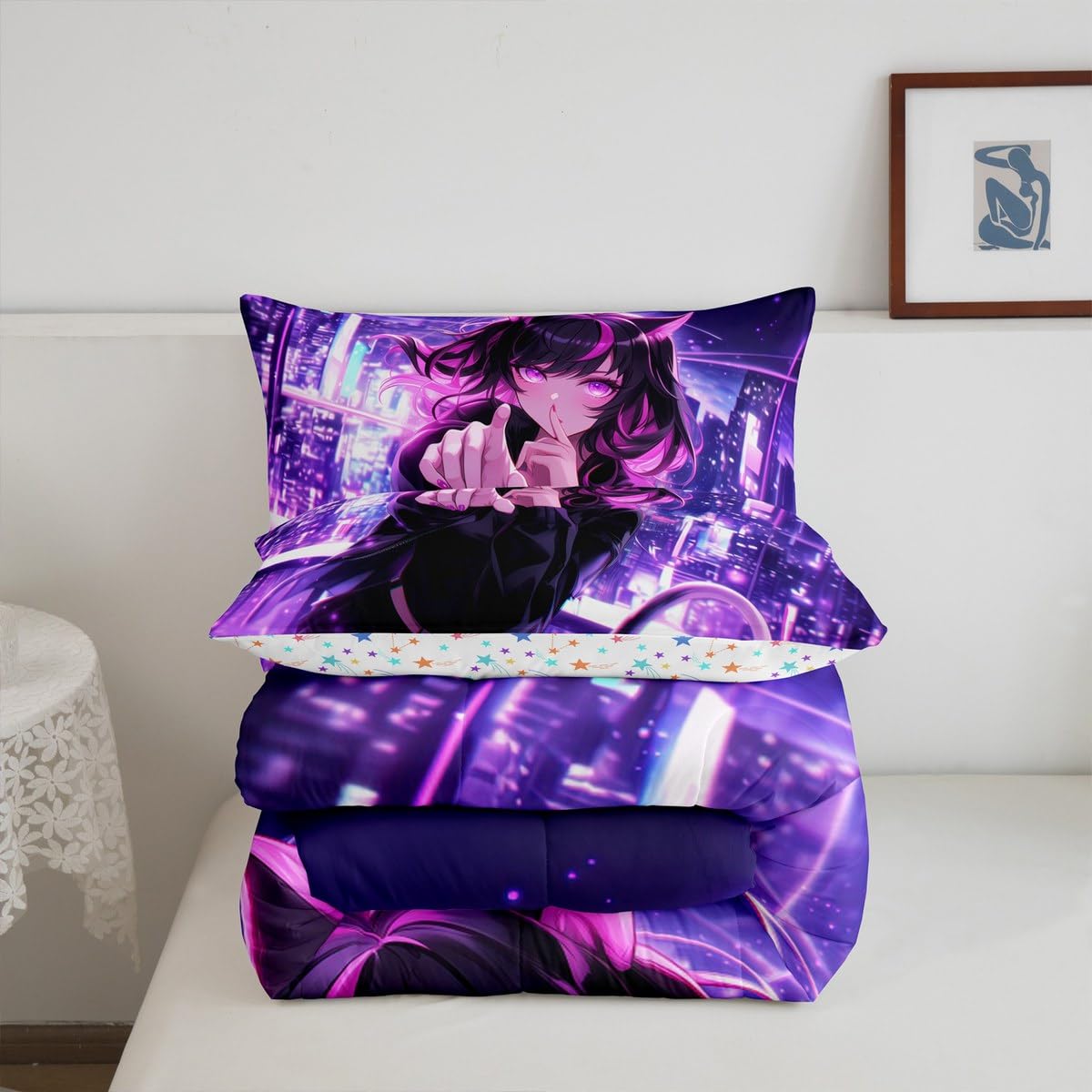 Erosebridal Kids Anime Girl Full Size Bedding Set, Japanese Anime Comforter Set, Cartoon Girl Duvet Insert for Boys Teens Bedroom Decor, Kawaii Japanese Animation Quilt with 2 Pillow Cases