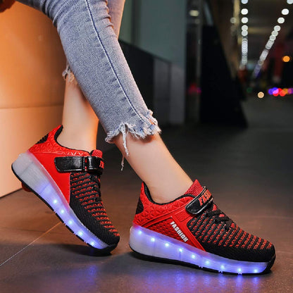 Ehauuo Kids Wheels Shoes with Lights Rechargeable Roller Skates Retractable LED Flashing Sneakers for Unisex Girls Boys Beginners Gift