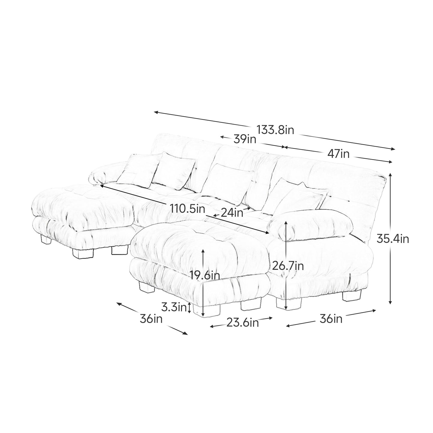 KEIKI 133" Sectional Sofa with Removable Ottomans, 5 Seat U Shaped Sleeper Cloud Couch Set, Comfy Chenille Upholstered Modular SofaBed for Apartment Living Room, Throw Pillows, Light Coffee