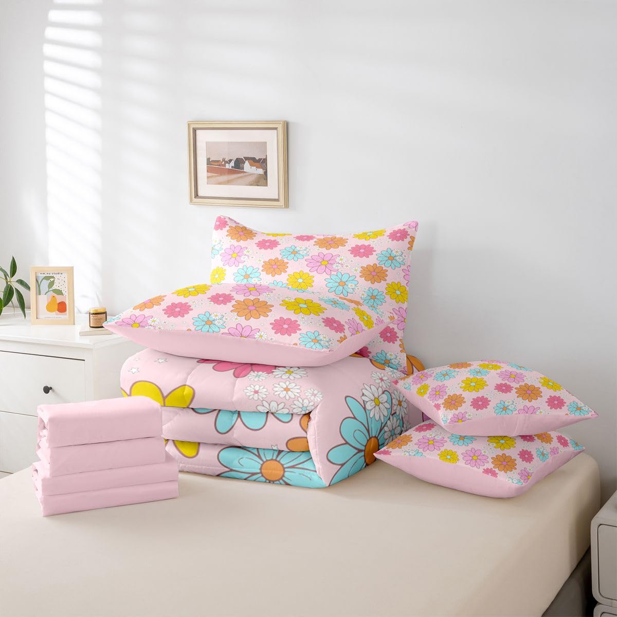 Erosebridal Cute Flower 7 Pcs Bedding Set Twin Size for Teen Girls Cartoon Floral Comforter Set with Sheets for Kids Young Women Kawaii Daisy Bed in A Bag Blue Pink Bed Sets All Season