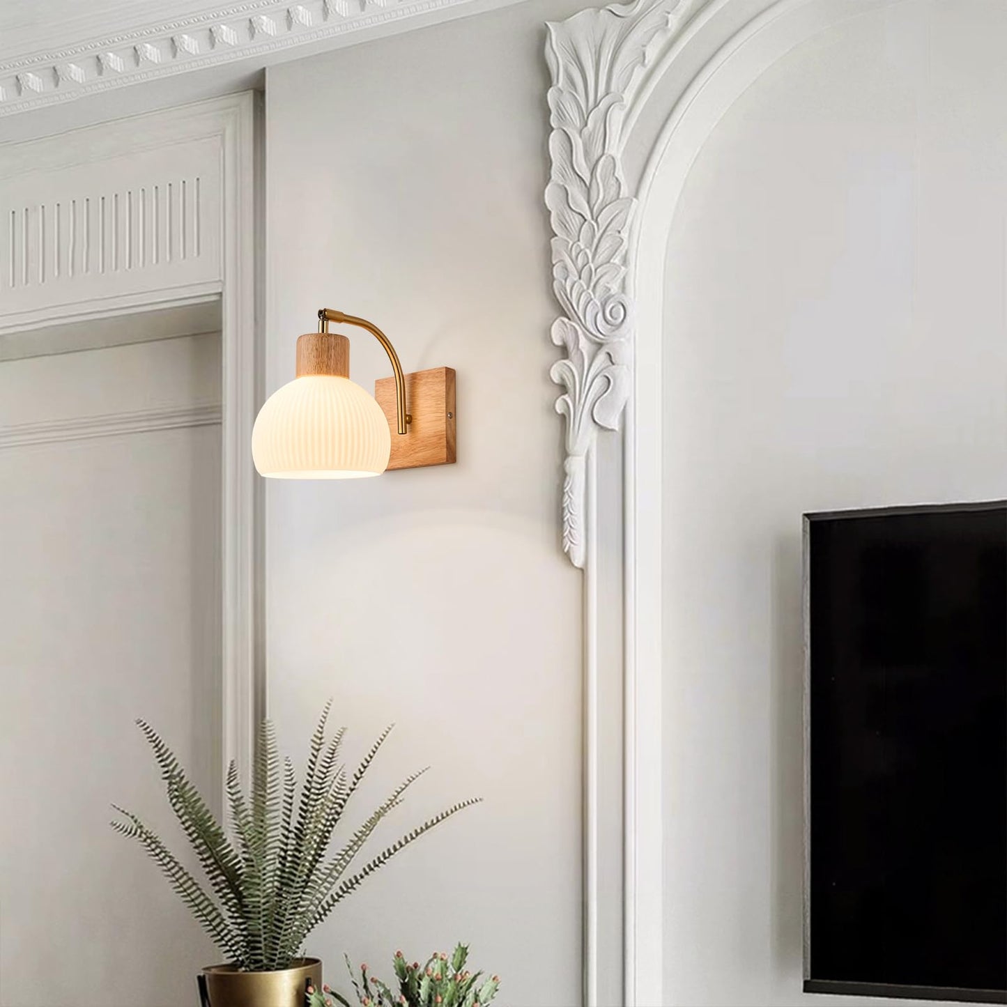 RXPVUXE Globe Milk White Glass Wall Lamp Nordic Solid Wood Wall Sconce Adjustable Bedroom Bedside Reading Lighting, Modern Retro Half Globe Wooden Home Decor Lighting Fixture for Loft Living Room