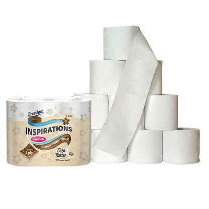 Freedom Inspirations Luxury 3Ply Toilet Roll - 45 Quilted Shea Butter Triple Soft and Scented Hygiene Bulk White Toilet Tissue and Loo Rolls
