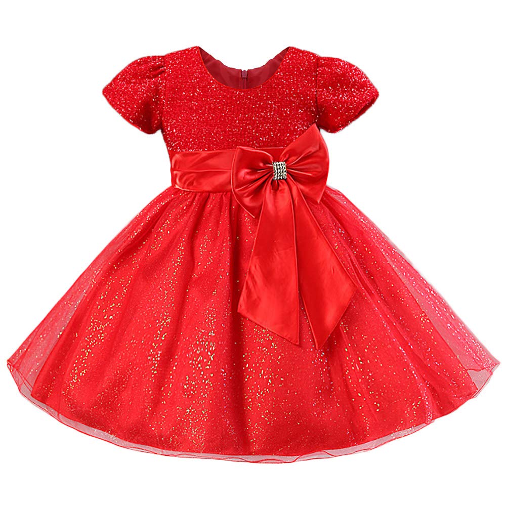Toddler Girls Christmas Party Dress Bow Elegant Brilliant Tulle Lace Bridesmaid Wedding Dress L006_Red-3