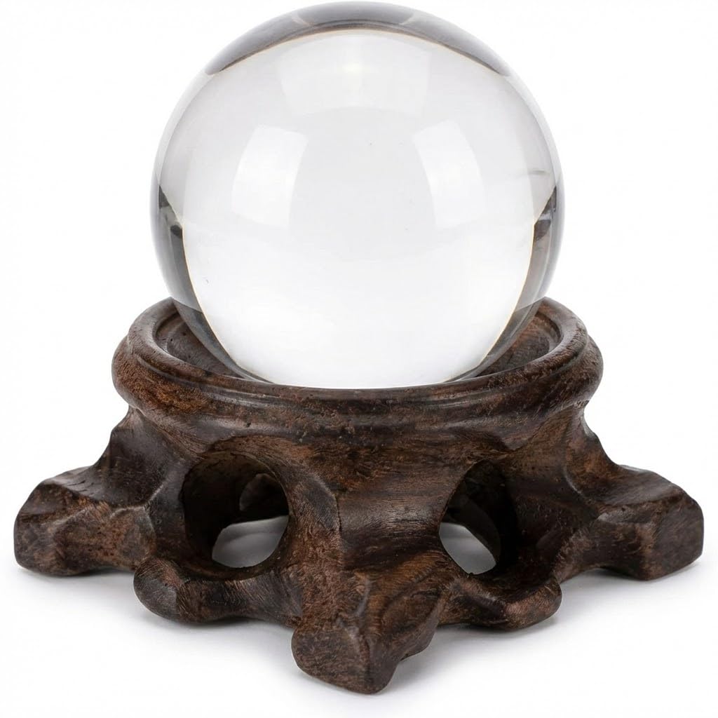 2.16" Hand Carved Solid Wood Crystal Ball Stand, 20% Thickened Heavy Duty Sphere Display Holder, Anti-Slip Integrated Stable Pedestal for 40-80mm Mineral Stone, Home Office Desktop Photography Decor