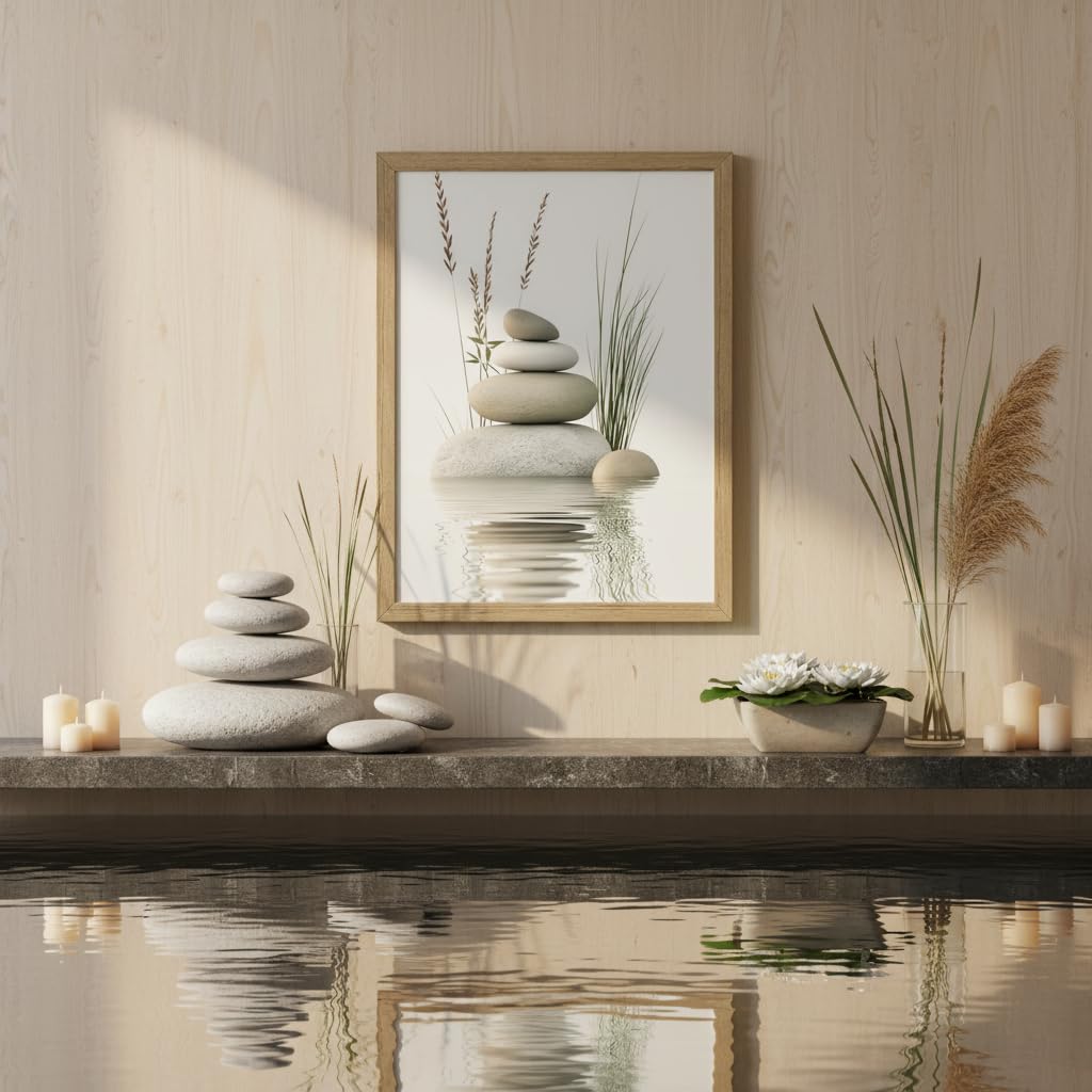 Wooden Frame Zen Stone Canvas Wall Art, Stacked Stones in Water Poster Print. Tranquil Wild Grass Picture for Spa Yoga Meditation Room Bathroom Wall Decor 12x16in Ready to Hang
