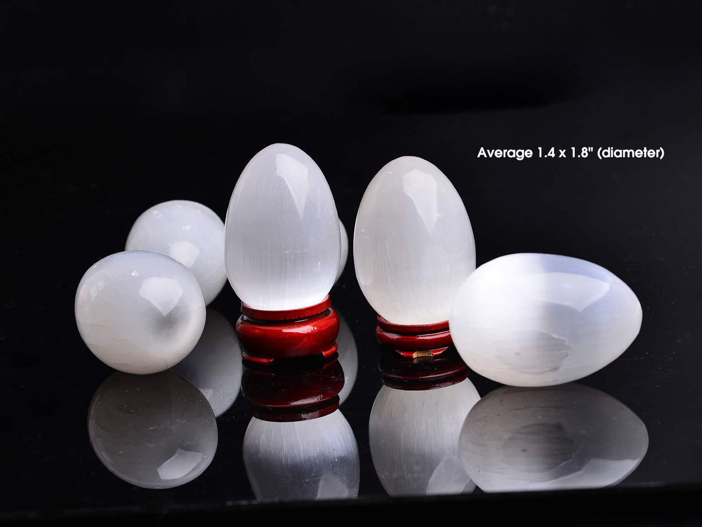 AMOYSTONE Selenite Eggs (6 Pcs) - Morocco Selenite Crystals with Wooden Base for Healing, Reiki, Meditation, Home Decor & Office Desk (1.5-2")