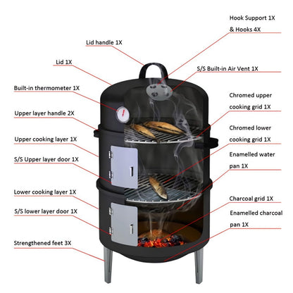SUNLIFER Charcoal BBQ Grill, Heavy Duty 3-in-1 Barbecue Smoker Grill for Garden Camping Outdoor Cooking and Grilling 89x56x43CM
