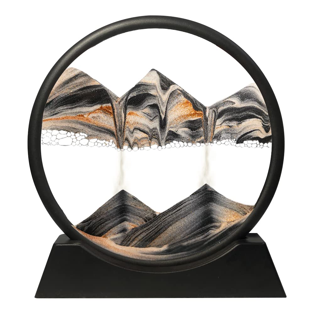 Muyan Moving Sand Art Picture Sandscapes in Motion Round Glass 3D Deep Sea Sand Art for Adult Large Desktop Art (Black, 7 Inch)