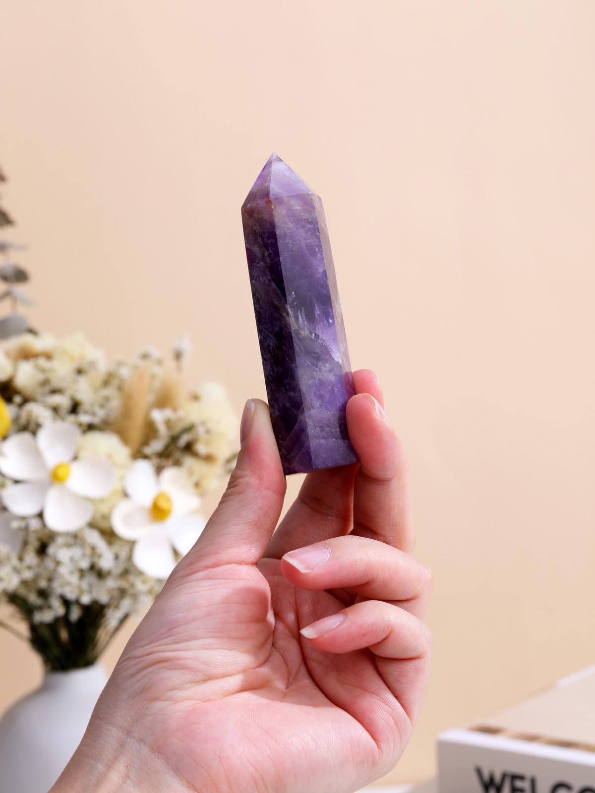 Jovivi Amethyst Healing Crystal Wands,3.5"-4" Polishied Natural 6 Faceted Single Point Chakra Crystal Wand for Reiki Energy Meditation Stone Home Decor Collection Gift 1PC