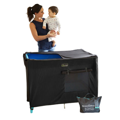 SnoozeShade Travel Cot Blackout Cover and Sleep Canopy Breathable Baby Mesh Blocks 94% of Light, Universal Fit for Holiday Cribs Nursery Mosquito Protection and Naps Away from Home