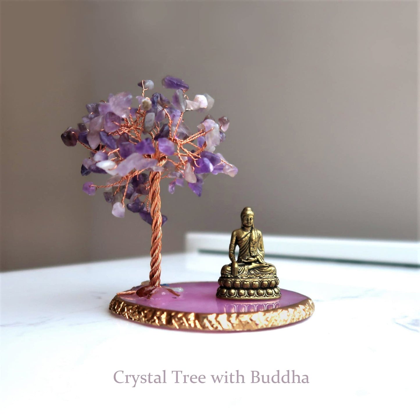 CRUCISRESIN Buddha Statue with Healing Crystal Tree, Tree of Life for Positive Energy. Home Decor Yoga Meditation. Amethyst.(A)