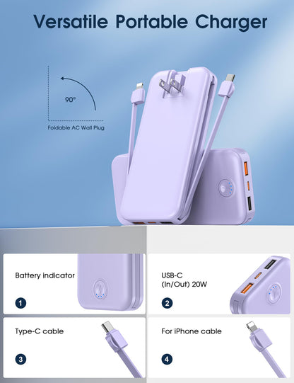 Nusyddy Portable Charger, 10000mAh PD20W Fast Charging Power Bank with Built-in Cables & Wall Plug, Travel Essential External Battery Pack, USB C Battery Phone Charger for iPhone, iPad, Samsung Purple