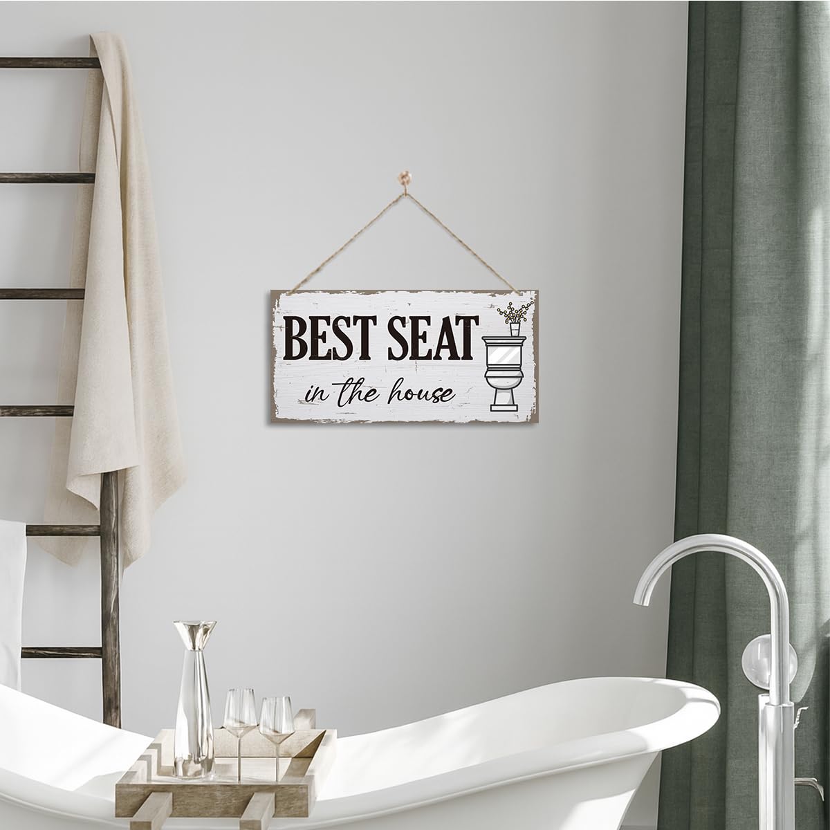 Funny Bathroom Sign Decor, Best Seat in the House Toilet Decoration, Rustic Farmhouse Toilet Wall Hanging Plaque, Bathroom Decoration with Rope Hanging 13.8 * 6.9 Inches