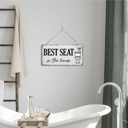 Funny Bathroom Sign Decor, Best Seat in the House Toilet Decoration, Rustic Farmhouse Toilet Wall Hanging Plaque, Bathroom Decoration with Rope Hanging 13.8 * 6.9 Inches