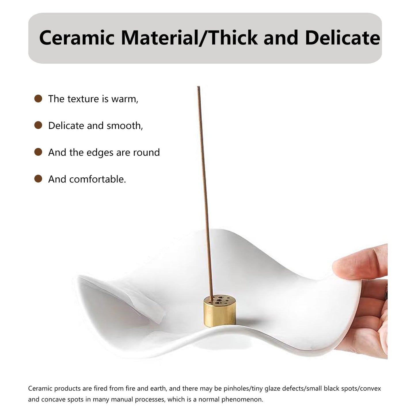6.7 "Ceramic Incense Burner for Incense/Coil,Wavy Base with Brass -Incense Holder for Sticks,with Ash Catching Bowl for Meditation Yoga and Home Decoration (White)