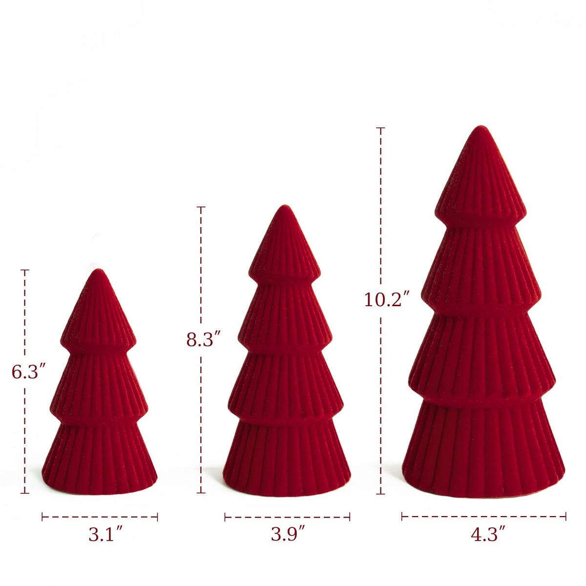 Christmas Decorations - Set of 3 Velvet Ceramic Christmas Trees - Modern Cone Indoor Christmas Decoration Centerpieces for Table Mantel and Living Room Home Decor (Red)