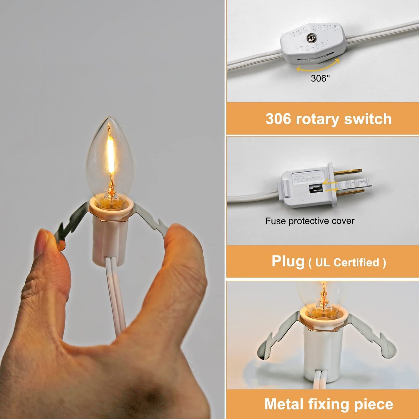 KGC C7 Accessory Cord with 2 C7 Led Light Bulb Candelabra-Base E12 Socket, White Cord with On/Off Switch Plugs for Holiday Decorations, Christmas Village House, Pumpkin Lights