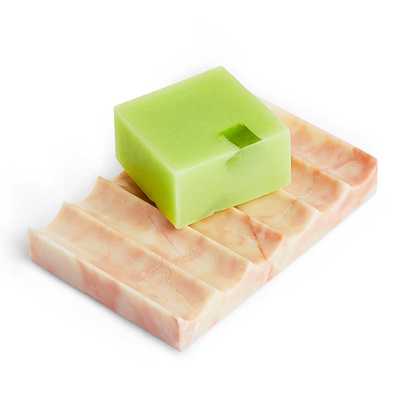 PHINILUX Luxurious Marble Soap Dish Jewelry Ring Tray - Rectangle Stone Soap Tray & Saver for Shower – Self Draining Soap Holder for Bathroom, Kitchen, Beige Travertine (Pink/Cream Rose)