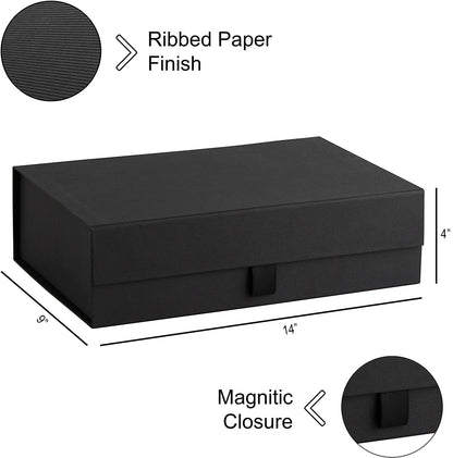 Purple Q Crafts Black Ribbed Hard Gift Box With Magnetic Closure Lid 14" x 9" x 4" Rectangle Favor Boxes With Classy Black Finish (1 Box)
