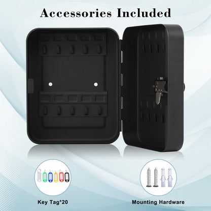 KYODOLED 20 Key Storage Lock Box with Code, Key Cabinet Organizer Wall Mount with Combination Lock, Hooks & Labels for Home, Office & Rental Properties, 7.87 x 6.3 x 3.14 in, Black