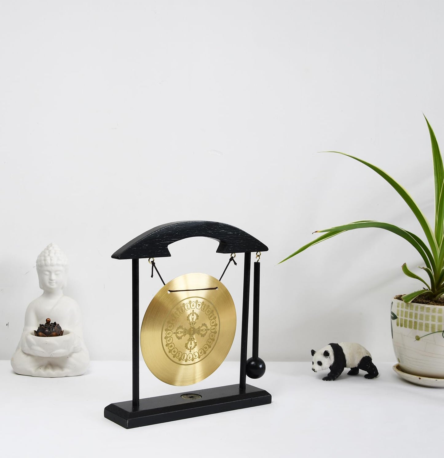 Feng Shui Desktop Gong Set, Brass Gong with Cross Vajra (Dorje) Center & Om Mani Padme Hum Mantra Ring, Solid Wood Frame & Mallet, Tibetan Zen Decor for Meditation & Energy Clearing, 11.1"W x 7.9"H