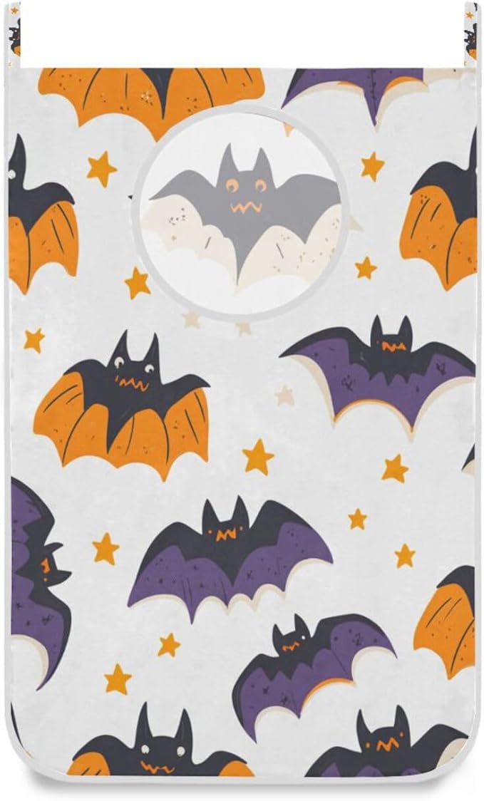 White Halloween Bats and Stars Hanging Laundry Hamper Door Hampers Bag Basket