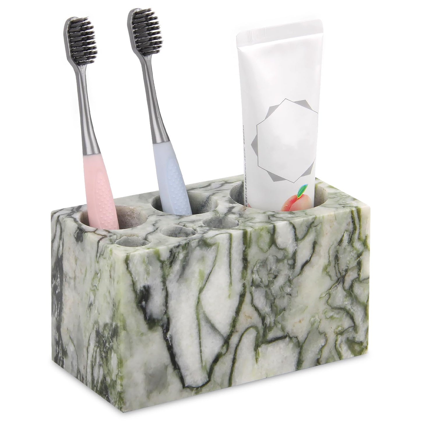 Natural Marble Toothbrush Holder,Large Bathroom Organizer Countertop,Stone Toothbrush and Toothpaste Stand with Non-Slip Silicone Pads (1,Green Emerald,6 Slots)