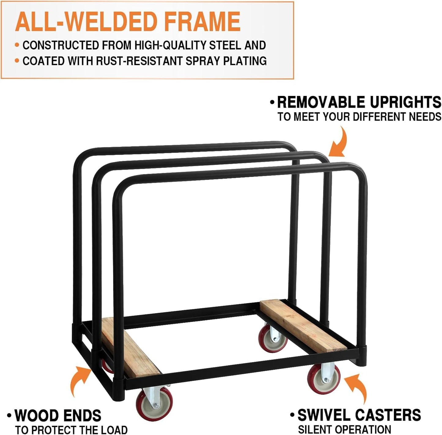OUKIDR Steel Panel Truck, 1500lbs Capacity Panel Dolly Cart with 4 Swivel Casters and Removable Handrails, Heavy Duty Plywood Cart for Moving Lumber, Luggage Cargo, Warehouse Workshop Use, Black
