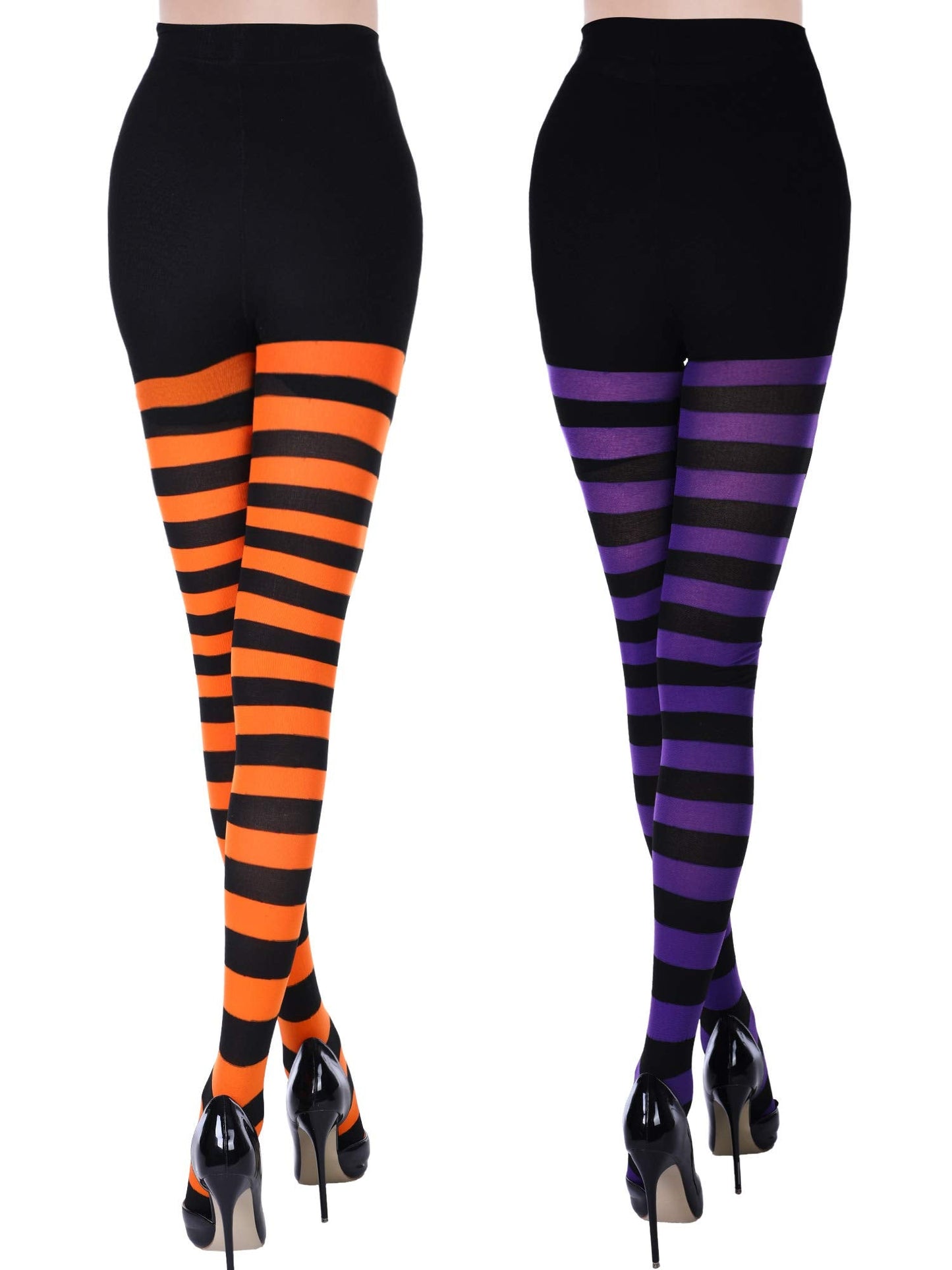 SATINIOR 2 Pcs Halloween Witch Tights for Women Striped Stockings Witch Striped Leggings Footed Pantyhose for Women Girls Halloween Costume Party Dress up(Orange and Black, Purple and Black,Stripe)