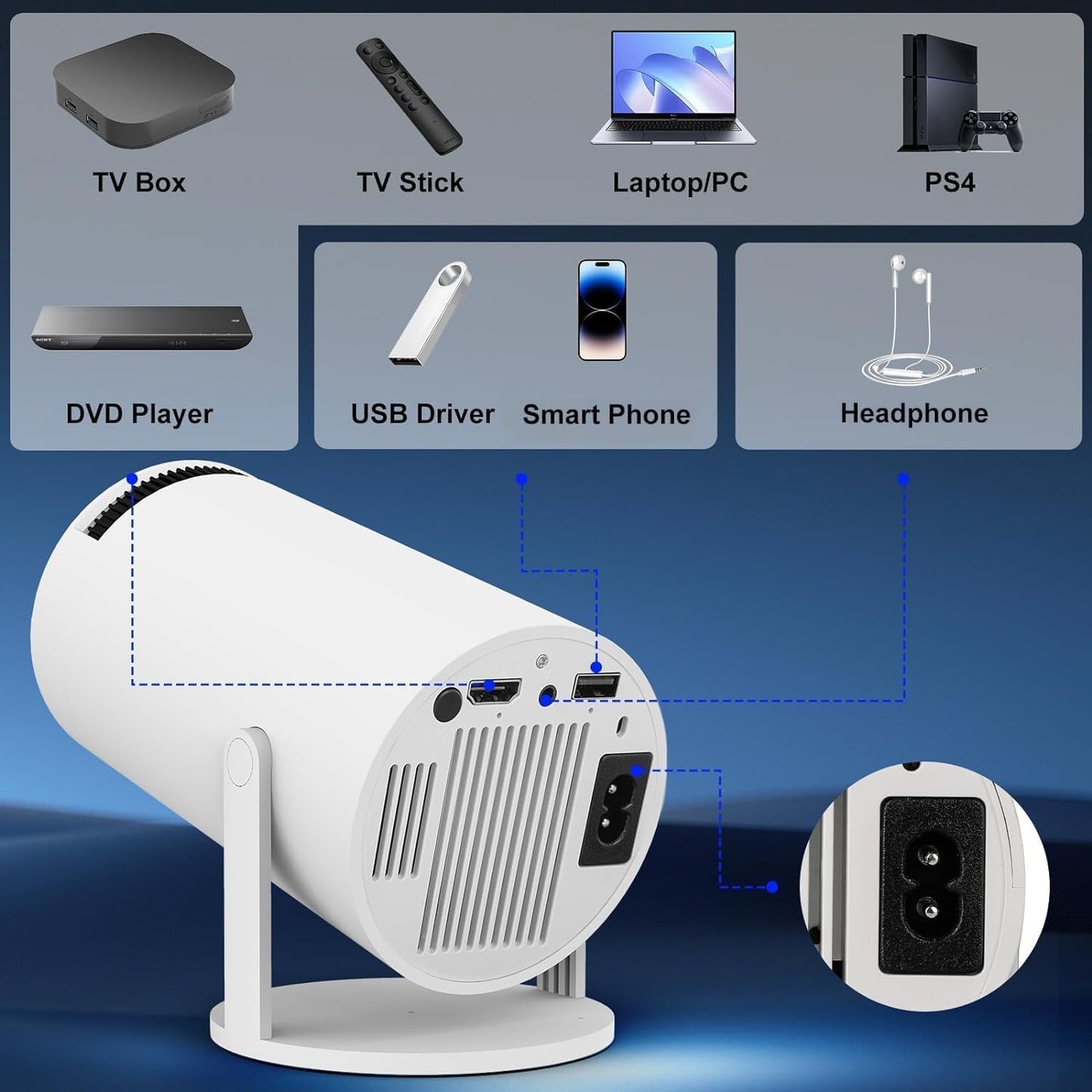 FEARWIKY Mini Projector with 5G WIFI and Bluetooth, 4K 1080P Support Portable Projector 180° Rotatable 130'' Screen Movie Projector Auto Keystone Compatible for Laptop, PC, Smartphone (White), HY300