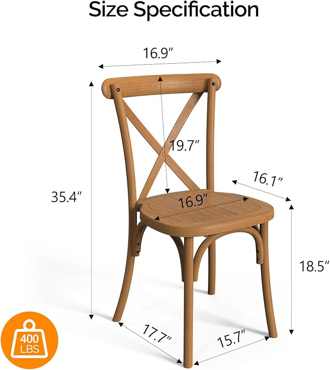 VINGLI Plastic Outdoor Dining Chairs Set of 6, Stackable Patio Farmhouse Brown Dining Chairs with X Back, Waterproof Kitchen & Dining Room Chairs for Indoor-Outdoor, Capacity 400 lbs