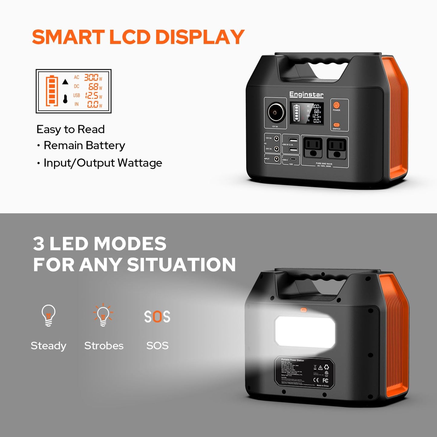 Portable Power Station EnginStar 300W Solar Generator 110V 296Wh Power Bank Two Pure Sine Wave AC Outlet 80000mAh Lithium Battery Pack for Camping Outdoors Trip RV Hunting Vans Emergency Backup