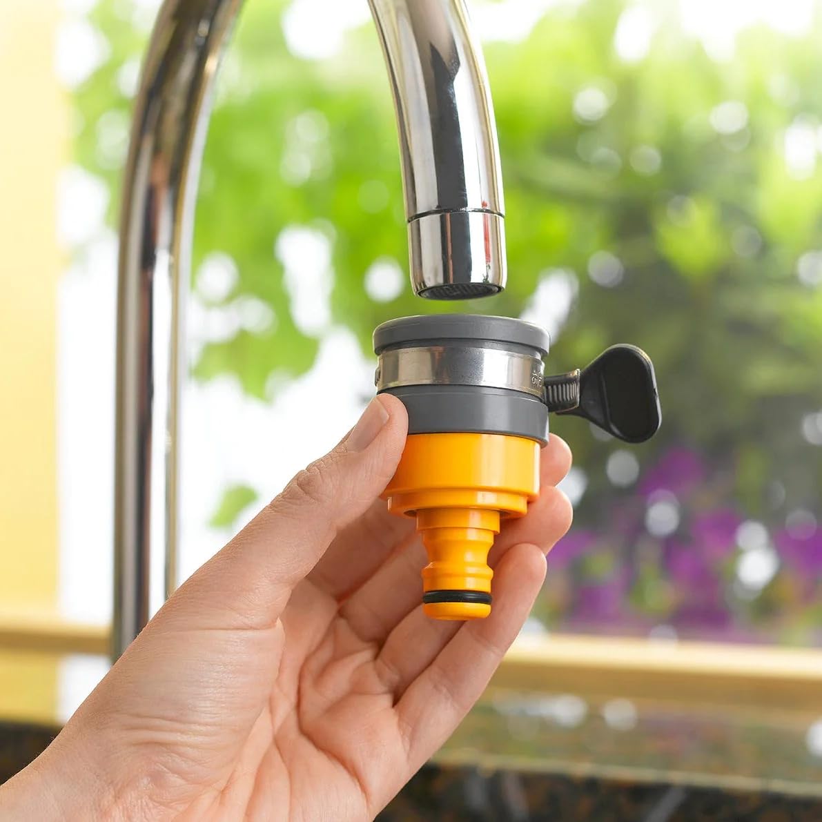 HOZELOCK - Indoor Tap Connector Round ø 20mm -24mm : For Modern Threadless Kitchen Taps, Adjustable Stainless Steel Collar, Easy and Tight Connection, Loose [2177P9000], Yellow