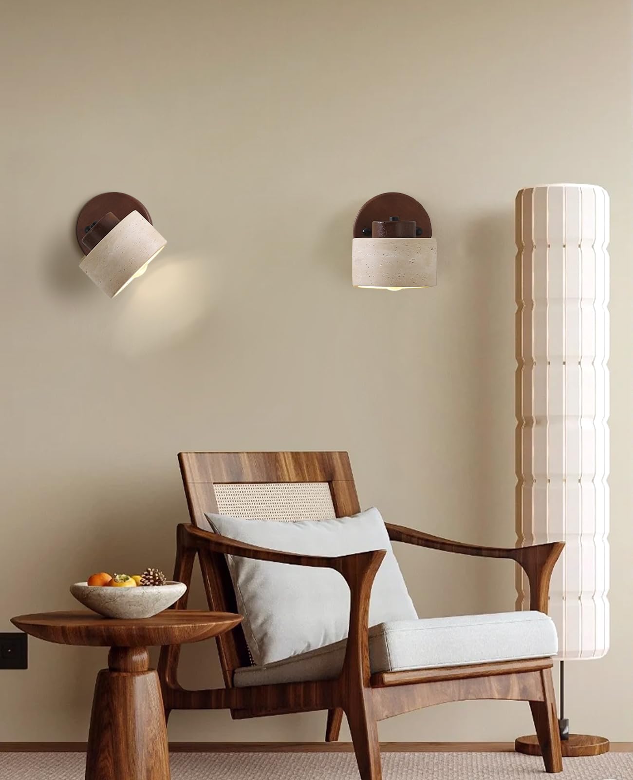 WOSBO Yellow Travertine Wall Lamp, 4.7" Wabi Sabi Marble Wall Sconce with Adjustable Natural Stone Lampshade & Wood Base, Mid Century Modern Wall Sconce for Bedside Bedroom Living Room Kitchen Island