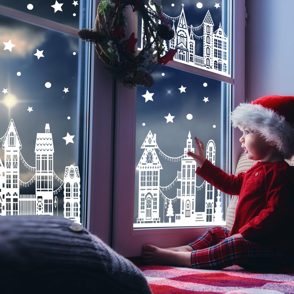 Vellibring 72" Christmas Window Clings,Winter House Window Decals White Simple Style Reusable Non Adhesive Street Scene Border Stickers for Home Cafe Shopping Mall Glass Door Christmas Decor