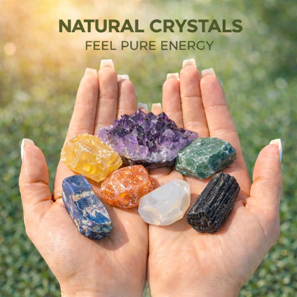 MYDAYS&DESIGN 7 Chakra Healing Crystals Set for Meditation Yoga Reiki, Amethyst Cluster, Lapis Lazuli, Opal, Green Aventurine, Citrine, Sunstone, Black Tourmaline with Wooden Gift Box and Guidebook