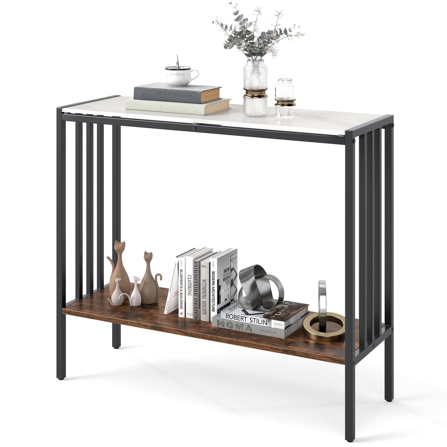 Giantex 36" Narrow Console Table, 2-Tier Industrial Entryway Table with Open Storage Shelves & Metal Frame, Faux Marble Sofa Table Behind Couch for Living Room, Hallway, Foyer, White & Rustic Brown