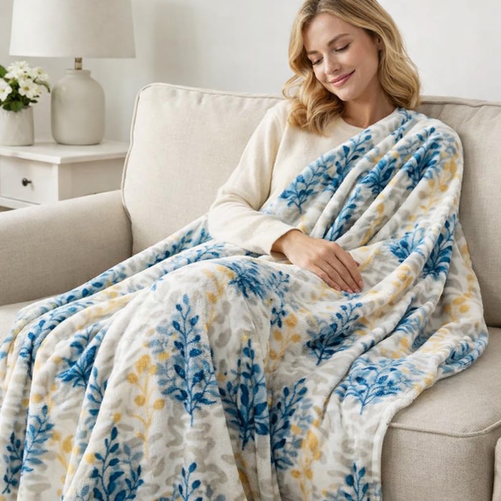 Floral Fleece Throw Blanket: Botanical Velvety Soft, Durable Accent for Bed or Couch Teal and Yellow Leaves, 50 x 70 inches