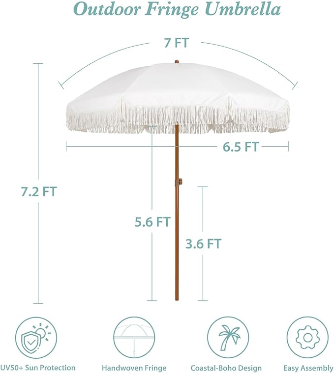 AMMSUN 7ft Patio Umbrella with Fringe Outdoor Tassel Umbrella UPF50+ Premium Steel Pole and Ribs Push Button Tilt, Cream White
