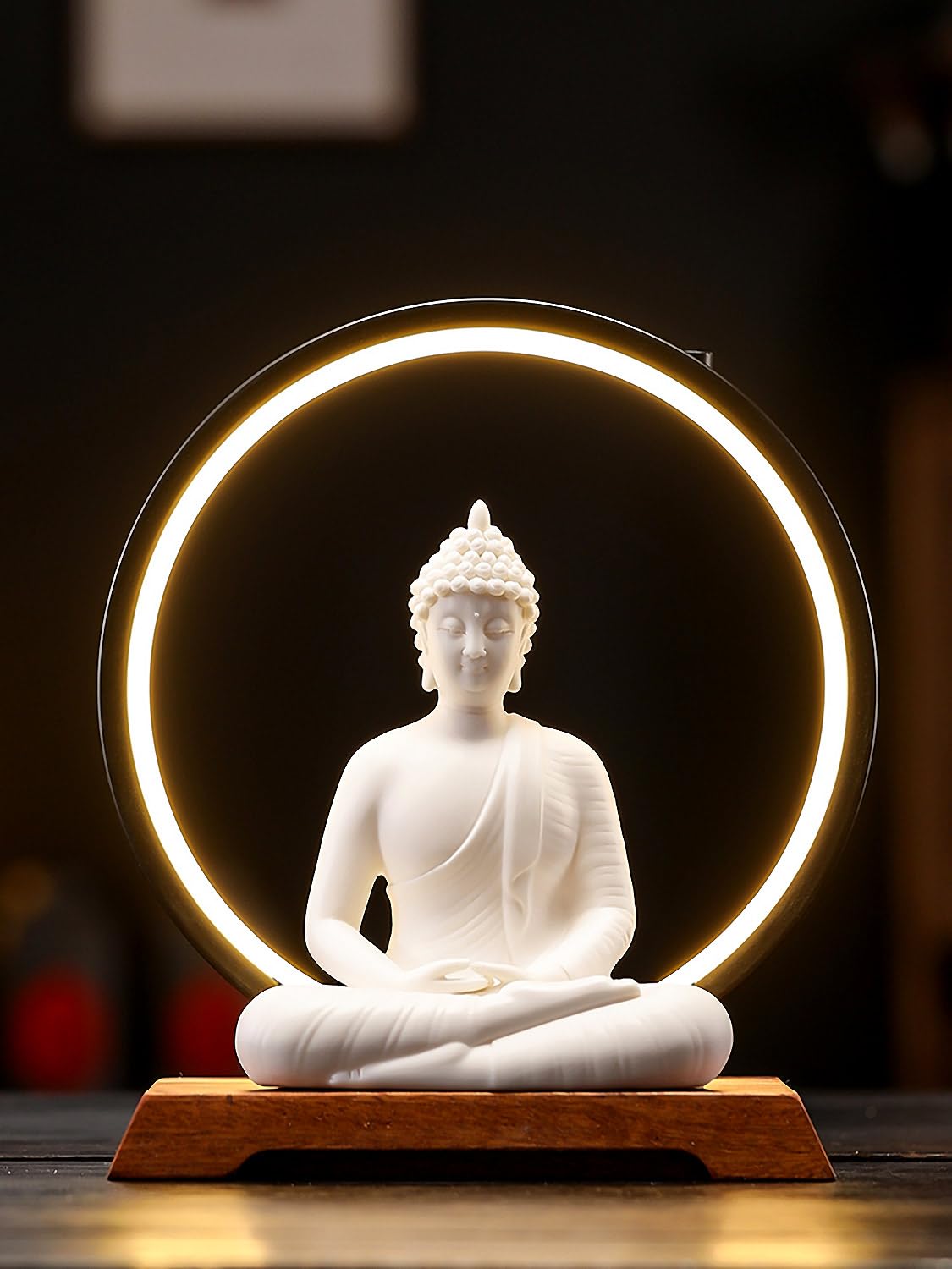 Dyware 8.8 Inch LED Buddha Statue for Indoor, White Ceramic Small Buddha Statue with LED Light for Home Decor
