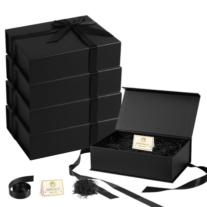 Dimore 4 Pack Black Gift Box, 10.3x7.5x3.2'' Magnetic Gift Box with Lids, Rectangle Hardboard Collapsible Box for Bridesmaid Proposal, Wedding, Birthday, Christmas Gift Packaging