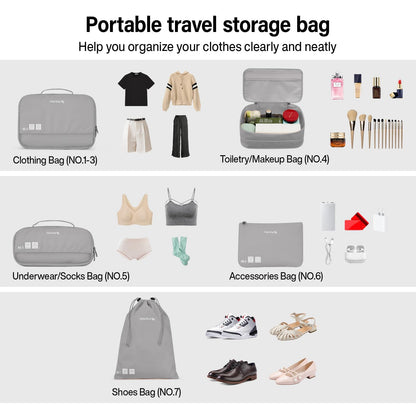Hanke 7 Set Compression Packing Cubes for Travel, Expandable Large Packing Cubes for Suitcases and Backpack, Luggage Packing Organizer Bags with Double Zipper as Travel Essentials,Light Grey