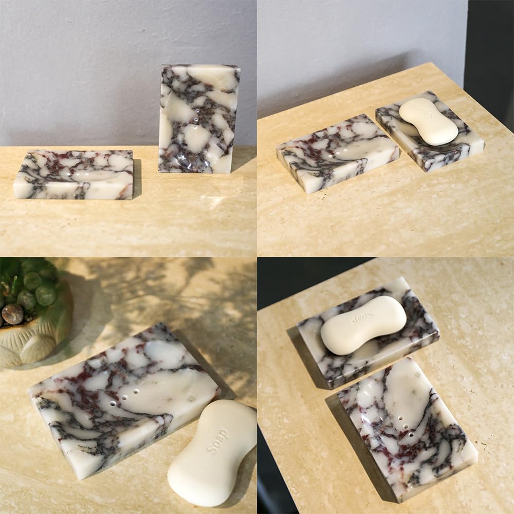 Luxurious Natural Marble Soap Dish Tray Marble Soap Holder Trinket Plate for Bathroom Sink Kitchen Countertop Bedroom Vanity Bathroom Accessory Rectangular (2 Pack)
